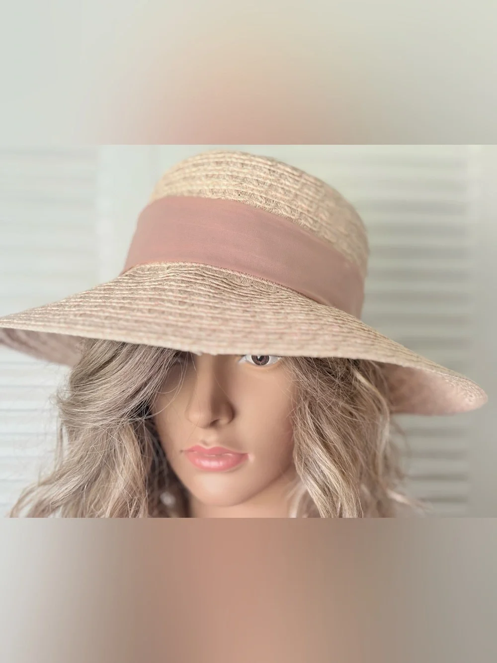 Nine West Light Pink Straw Sun Hat with Taupe Band One Size